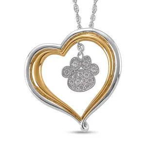 Cubic Zirconia Double Heart with Paw Print Pendant Necklace in Dualtone 20 Inches