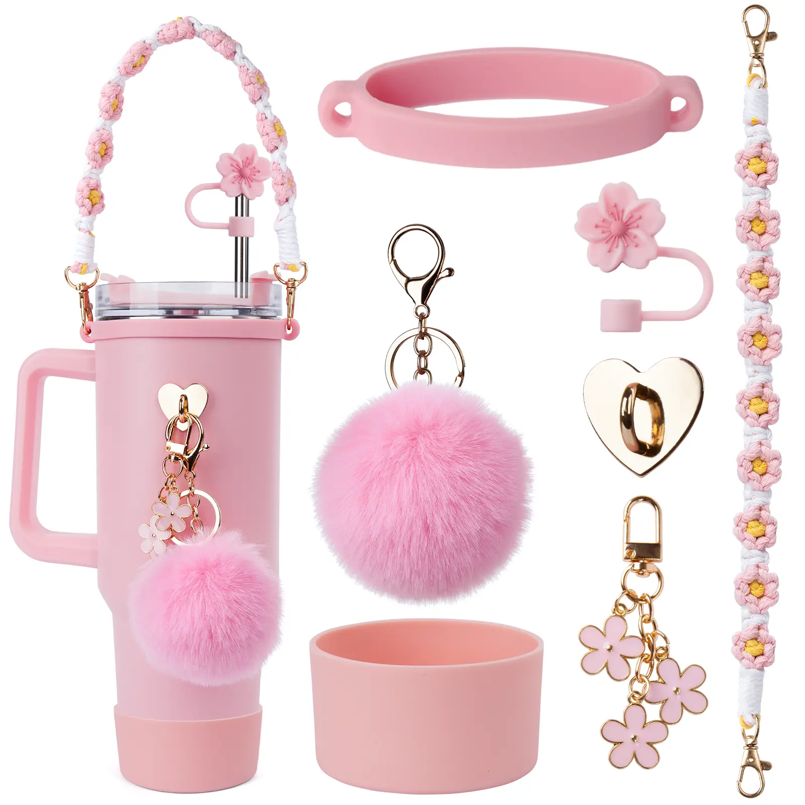 Stainless Steel Portable Vacuum-Insulated Tumbler Set - Bohemian Chic Built-in Straw Handle Flask with Charming Pendant, Elastic Silicone Ring, Effortless Installation, Pink Kitchen Drinkware for Hot/Iced Tea - Birthday Gifts for Girls, Ideal Gift Choice