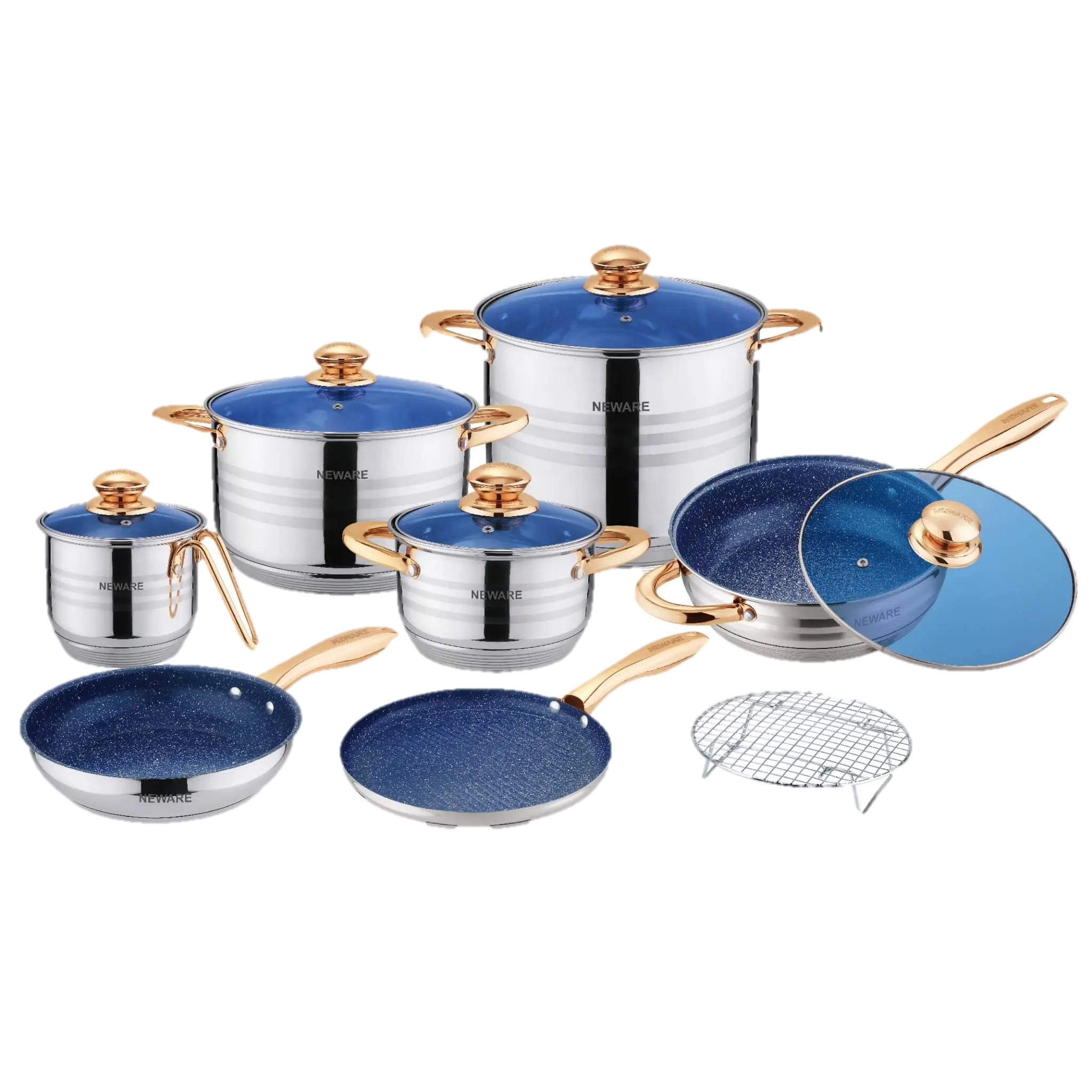 13 Piece Rose Gold Stainless Steel Cookware set/ Batería de Acero Inoxidable de 13 piezas con color oro rosado