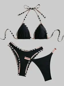 3pcs/Set Color Block Black Bikini Set for Women Backless Knot Tie Back Geometric Pattern Ultra Low Waist Full Cup High Cut Halter Neckline Summer Beach Vacation