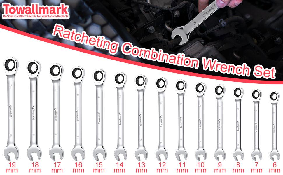 【GARVEE】14 Pieces Ratcheting Wrench Set with Fixed Head Combination Wrenches, Metric 6-19mm, Chrome Vanadium Steel, Storage Bag Included