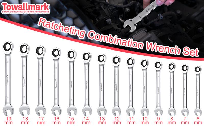 【GARVEE】14 Pieces Ratcheting Wrench Set with Fixed Head Combination Wrenches, Metric 6-19mm, Chrome Vanadium Steel, Storage Bag Included