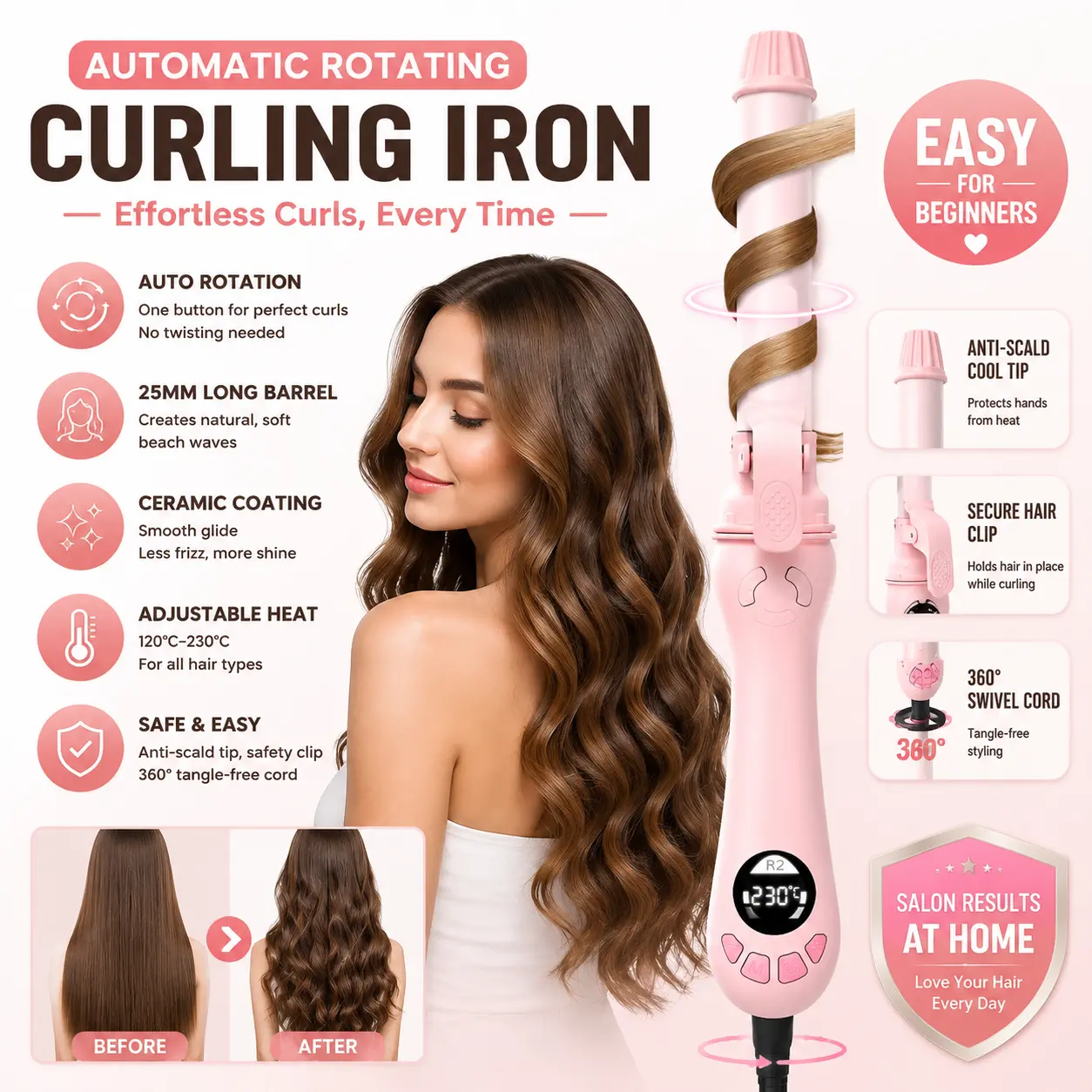 Automatic Hair Curling Iron, comfort hair curler, long hair, adjustable temp electric rotary curler, Hair Styling Tools for Home Diy Hair Styler Smooth, safe mode, 2-way rotation