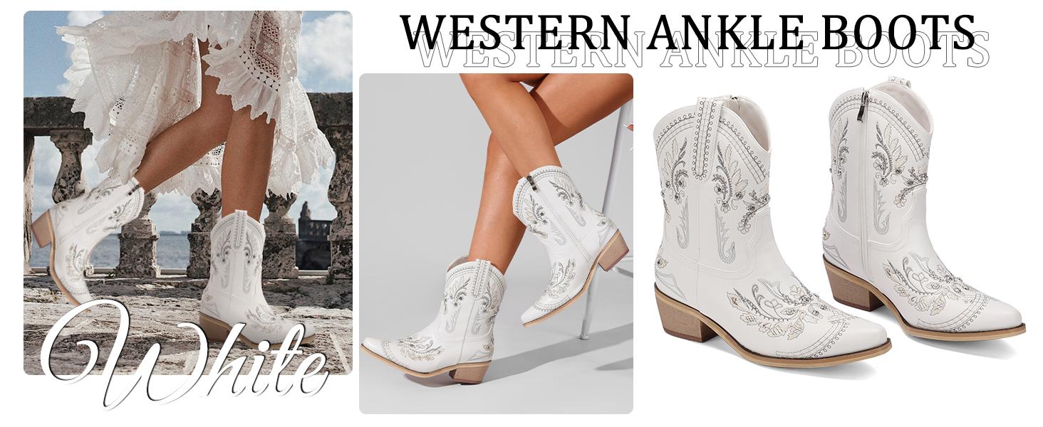 Rhinestone Ankle Cowboy Boots for Women Embroidered Short Cowgirl Boots with Low Heel Side Zipper Comfortable Chunky Heel Western Booties for Prom Party Wedding Pull On Shoe