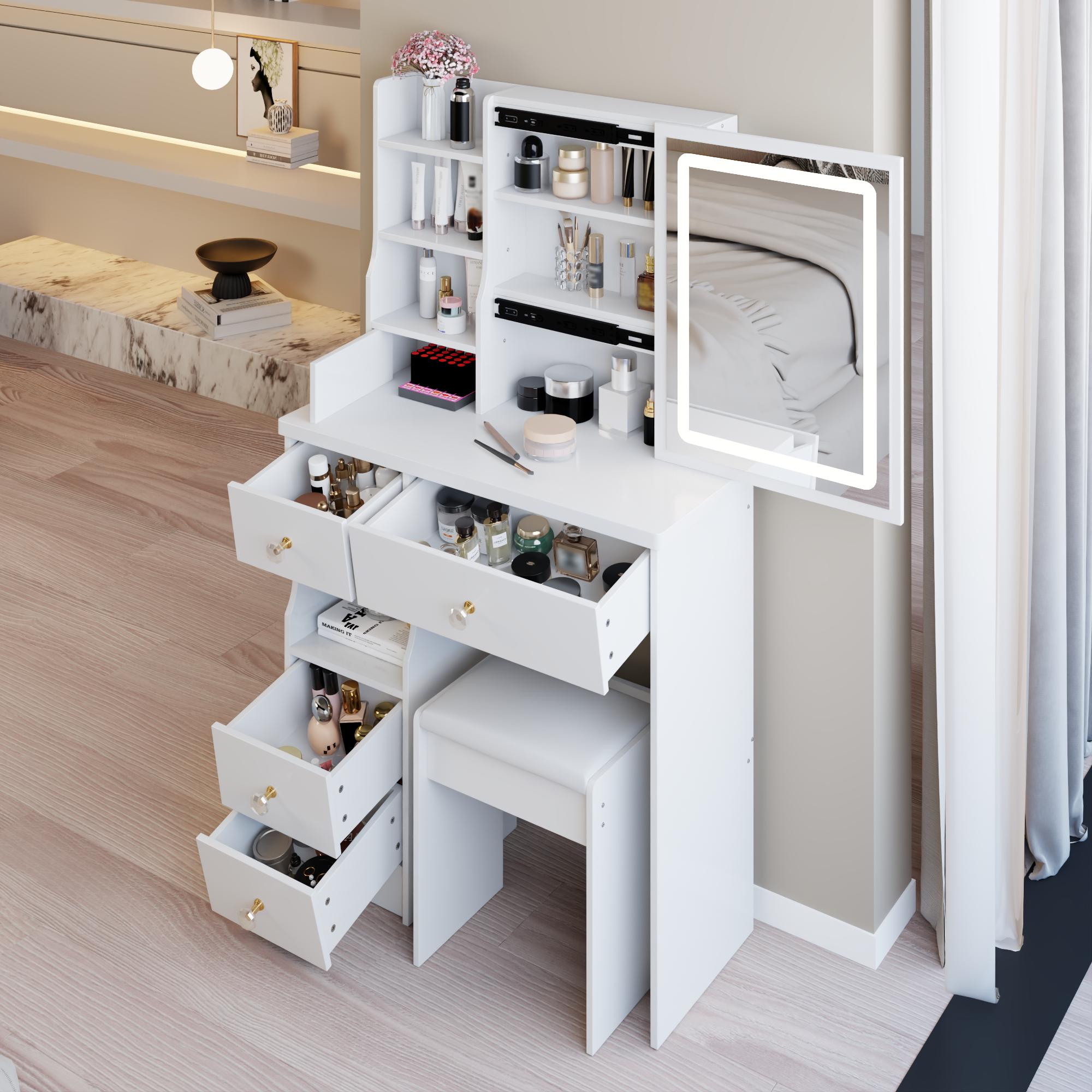 29.2" Small Size Left Drawer Desktop Vanity Table + Cushioned Stool, Large Sliding, Touch Control, Tri-color Switching, Brightness Adjust LED Mirror, High Capacity Storage, Suitable for Small Space