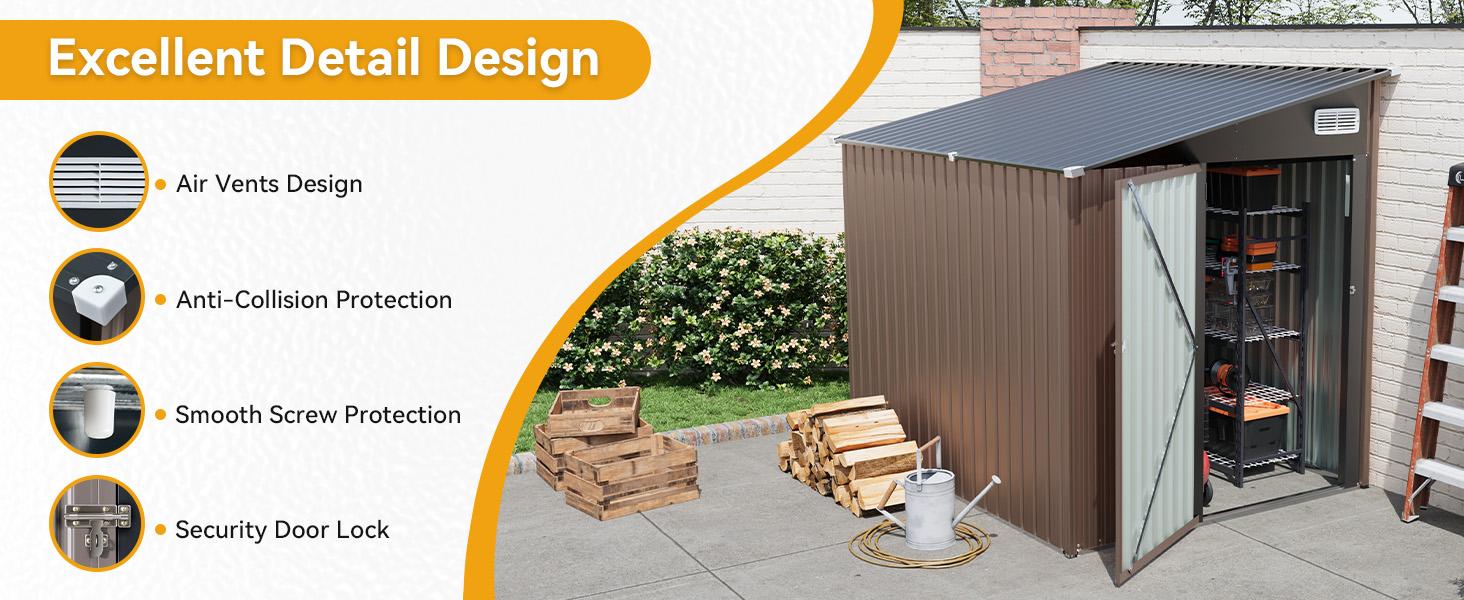 Aoxun 7'x5.5' Lean to Shed Large Storage Room Galvanized Steel with Side Door Waterproof Utility Shed for Mower Bike Garden Tools Brown