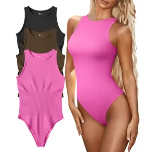 OYV Women's 3 Piece Bodysuits Sexy Ribbed Crew Neck One Piece Racerback Halter Tank Top Bodysuits