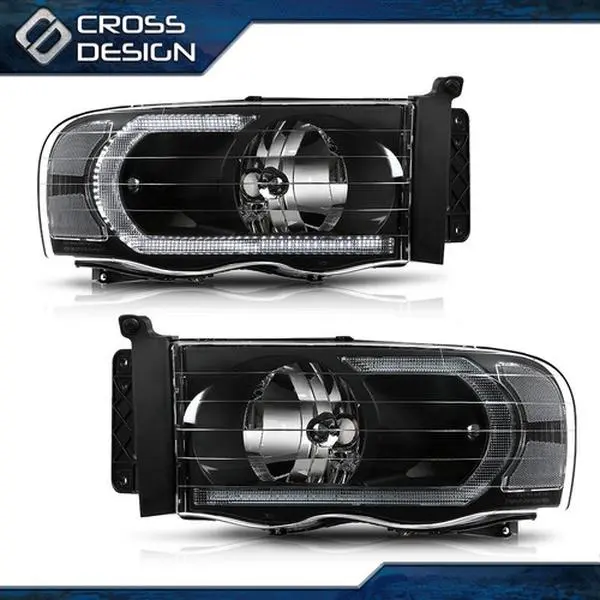 CROSSDESIGN Durable LED DRL Headlamps - Black Housing, Amber Corners, Easy Installation Truck Accessories for 02-05 Dodge Ram 1500,2500,3500 Car Exterior Upgrade