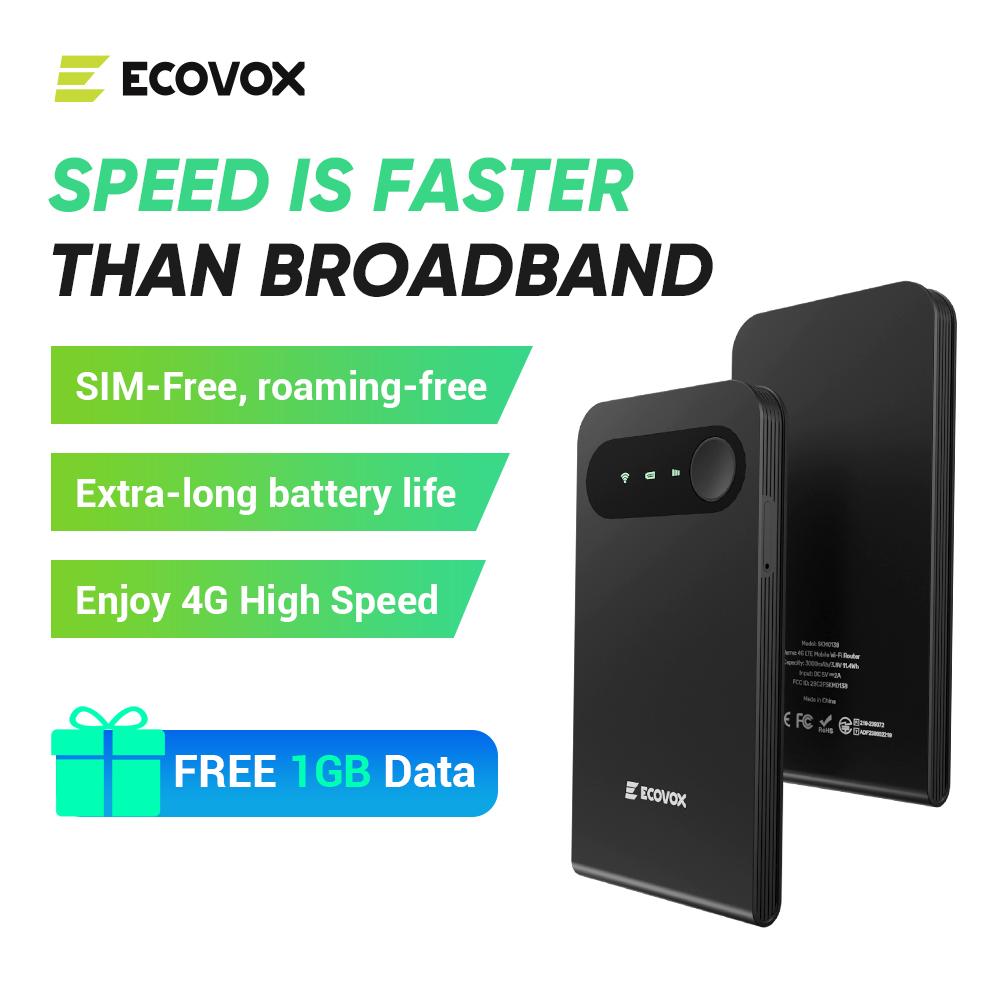 ECOVOX 2026 Upgraded Portable Mini WiFiHotspot 4G Data GlobalCoverage Tri-Band Car RV Travel Router with Extra-long Battery Life & Free 1GB Data Pocket WiFi