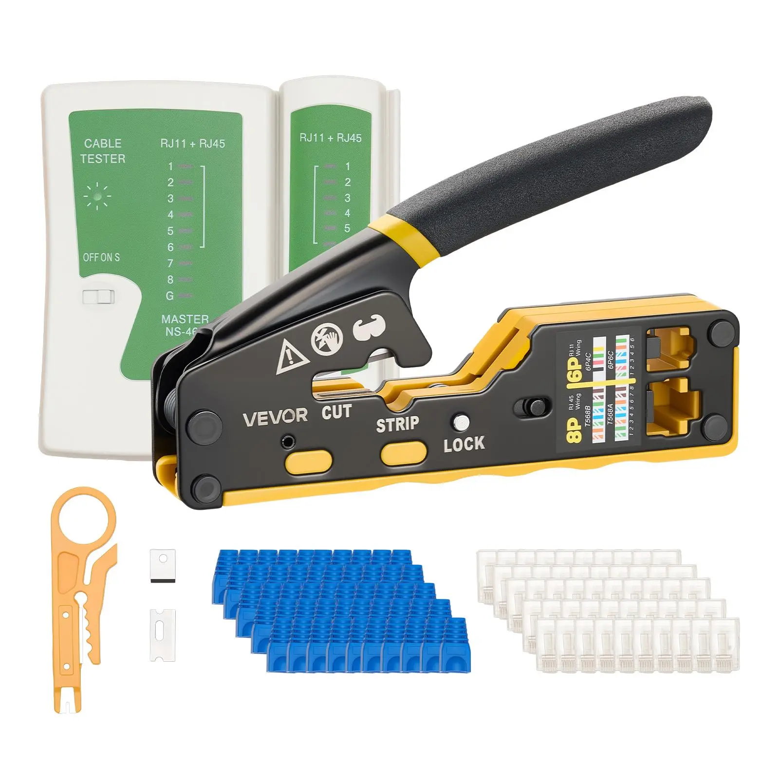 【Summerfinds】VEVOR 3-in-1 45# Steel RJ45/RJ11/RJ12 Ethernet Crimping Tool Kit, Home DIY Tool with Built-in Guides, Mini Wire Stripper, 50 Connectors, 50 Boots, Replacement Blades & Network Cable Tester for 4/6/8-Pin Modular Plugs, Lock, Multi-Use