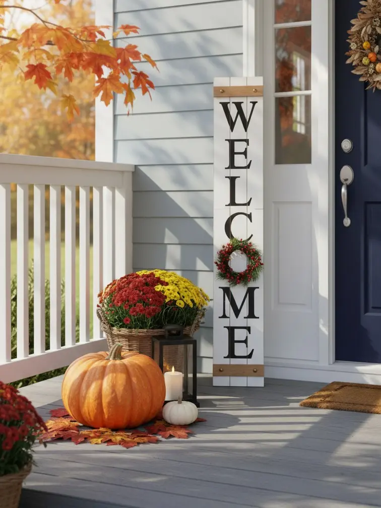 Glitzhome 60"H Engineered Wood (MDF) Welcome Porch Sign with 4 Interchangeable Floral Wreaths - Spring, Patriotic, Fall, Christmas, KD, Eye-Catching Home Decor Products, Welcome Decoration for Garden Decor, Outdoor Furniture Accessory, 60" Tall Welcome