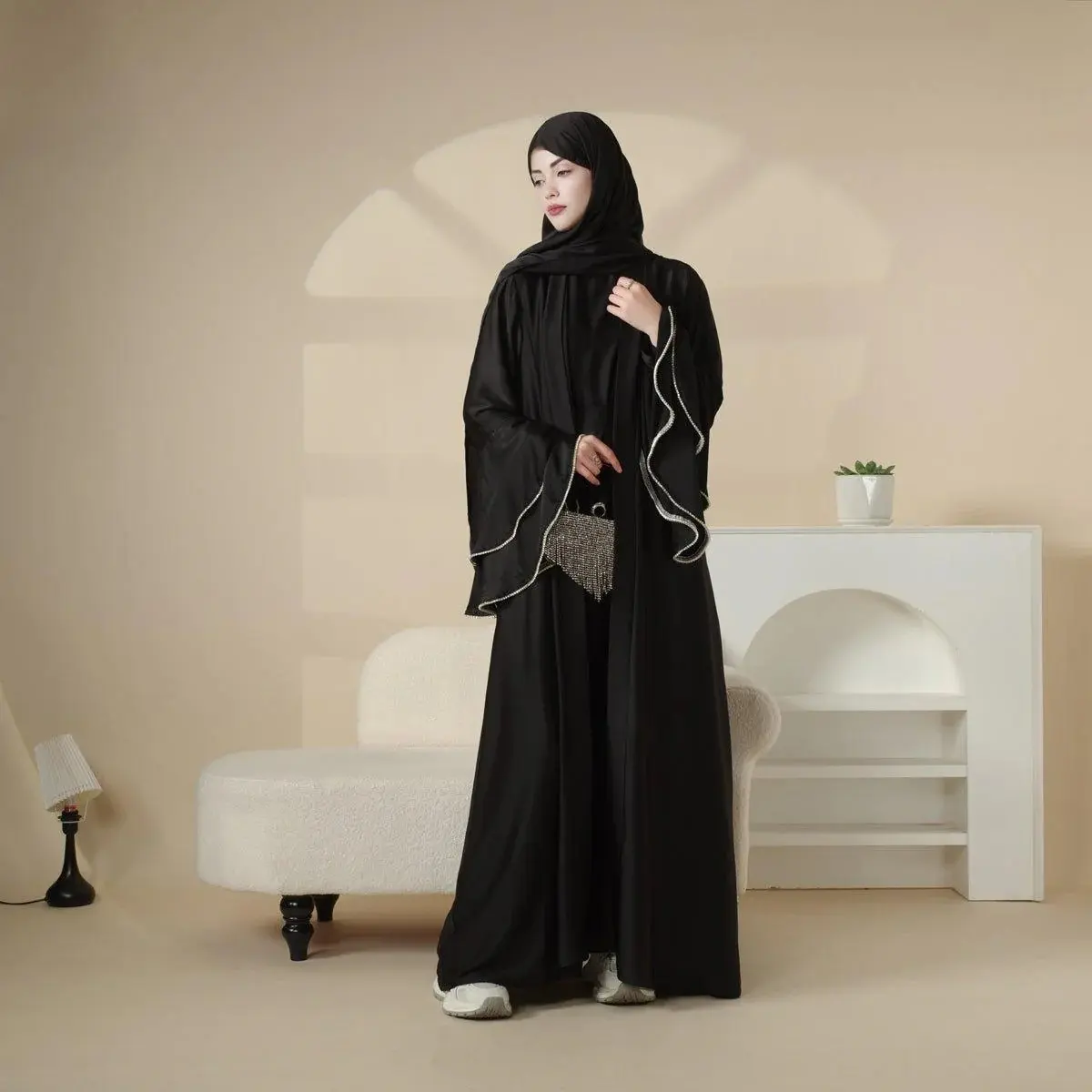 Women's NisaModest 5-Piece Chic Satin Crepe Ruffle Sleeves Abaya Set - Loose, Full-Length Drape, Belt-Included, Hijab Style, Crew Neck Modesty, Inner Dress, Triangle Skirt, Side Pockets, Customizable Sizes, Ramadan-Ready Muslim Clothing | MOA033