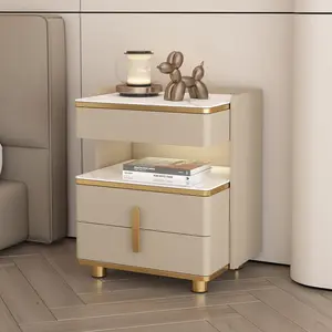 Messenya 3-Drawer Nightstand for Bedroom - 4-Tier Storage Bedside Table with Tempered Glass & Marble Pattern |   Farmhouse End Table & Small Side Table for Living Room