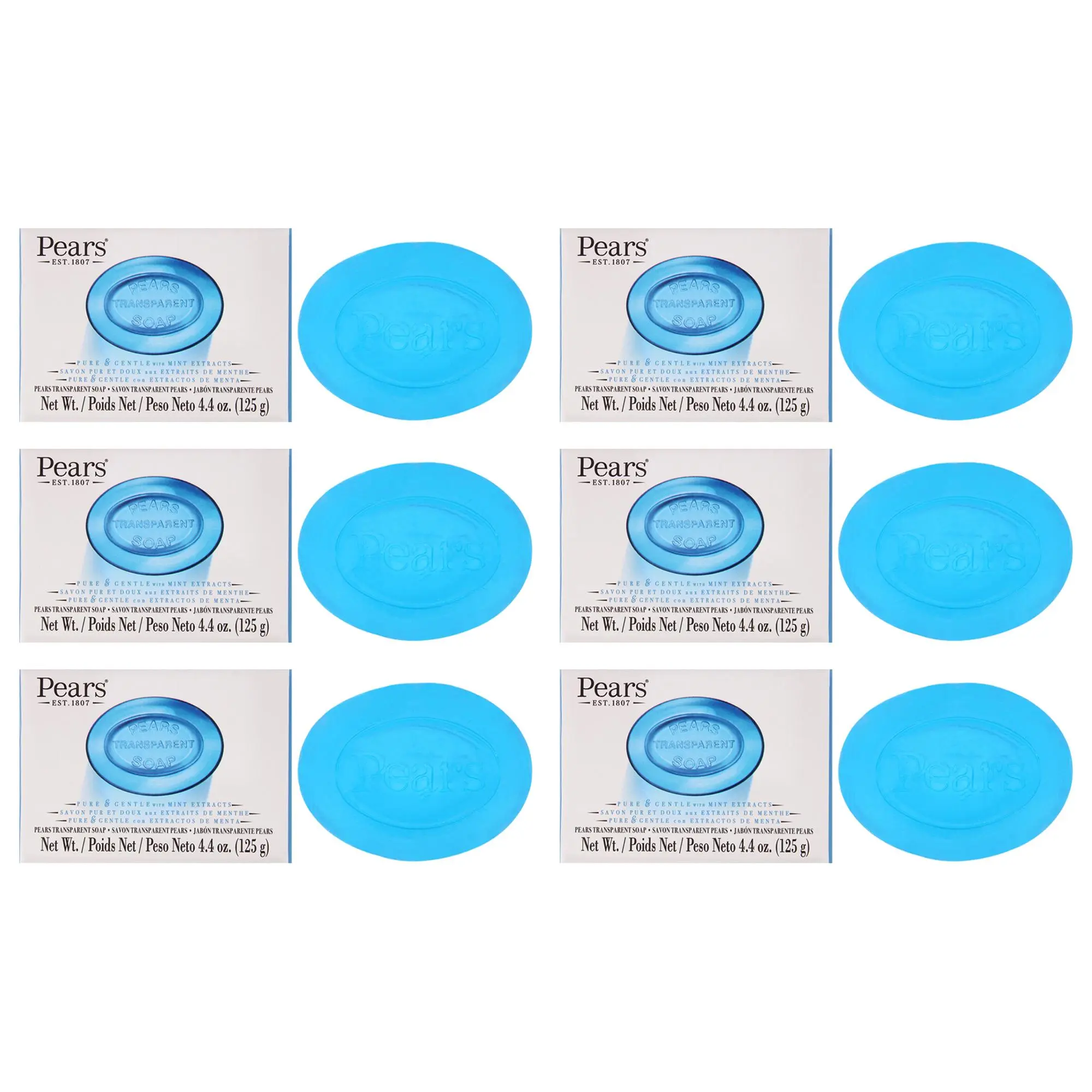 Pears Blue Unisex Daily Soothing Bar Soap with Glycerin and Mint Extracts - 4.4oz (Pack of 6)