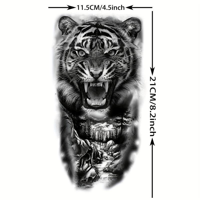 Rechal 8 Sheets Realistic Tribal Large Tiger Temporary Tattoo Stickers For Women Adults, Half Arm Sleeve Tattoos For Men, 3D Black Tiger Compass Flower Tattoos Decals