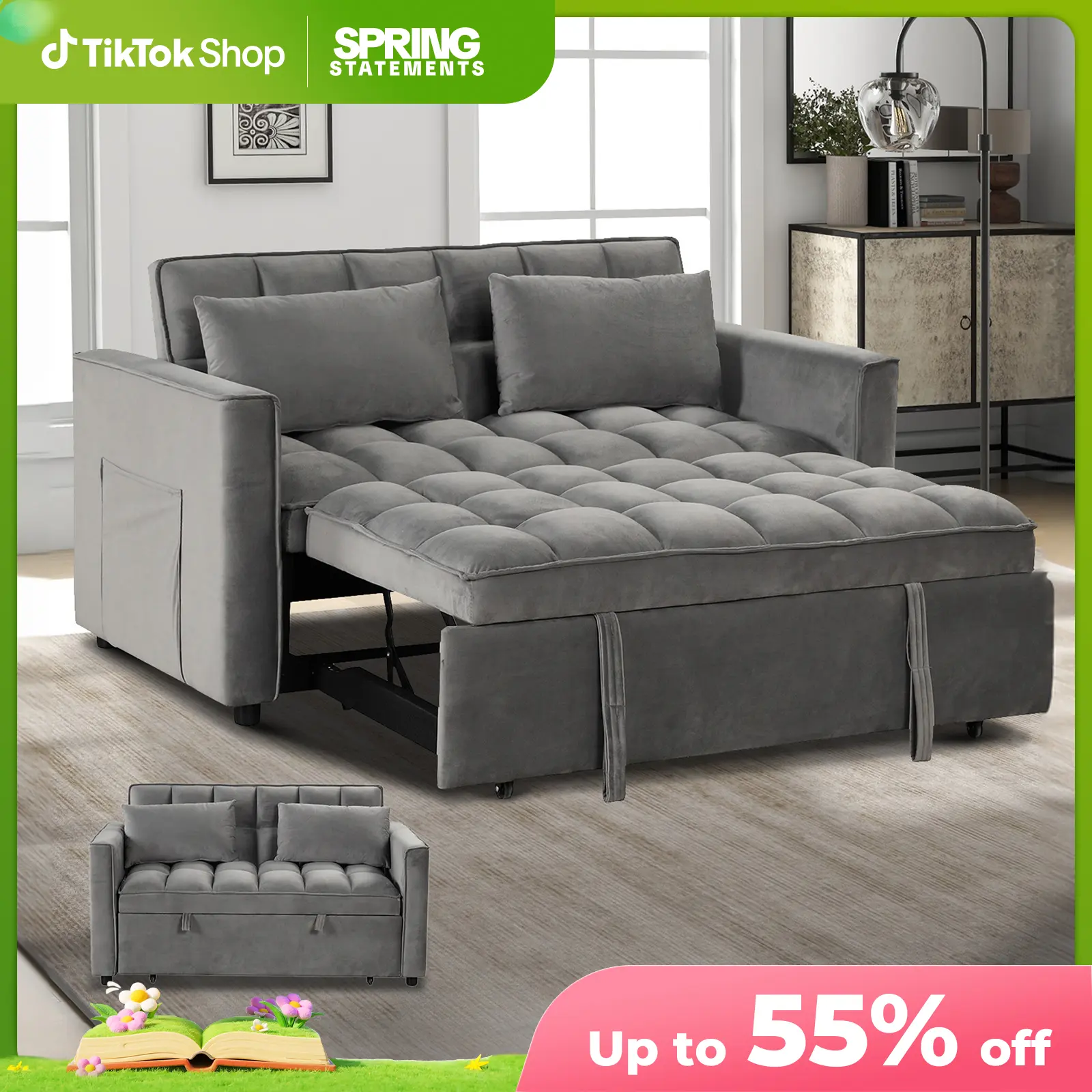 [SpringStatements] Convertible Sofa Bed 3 in 1 Multi-Functional Sleeper Couch, Futon Pull Out Bed, Velvet Loveseat Chaise Lounge with Side Pockets and Pillows, Modern Sleeper Sectional Sofa