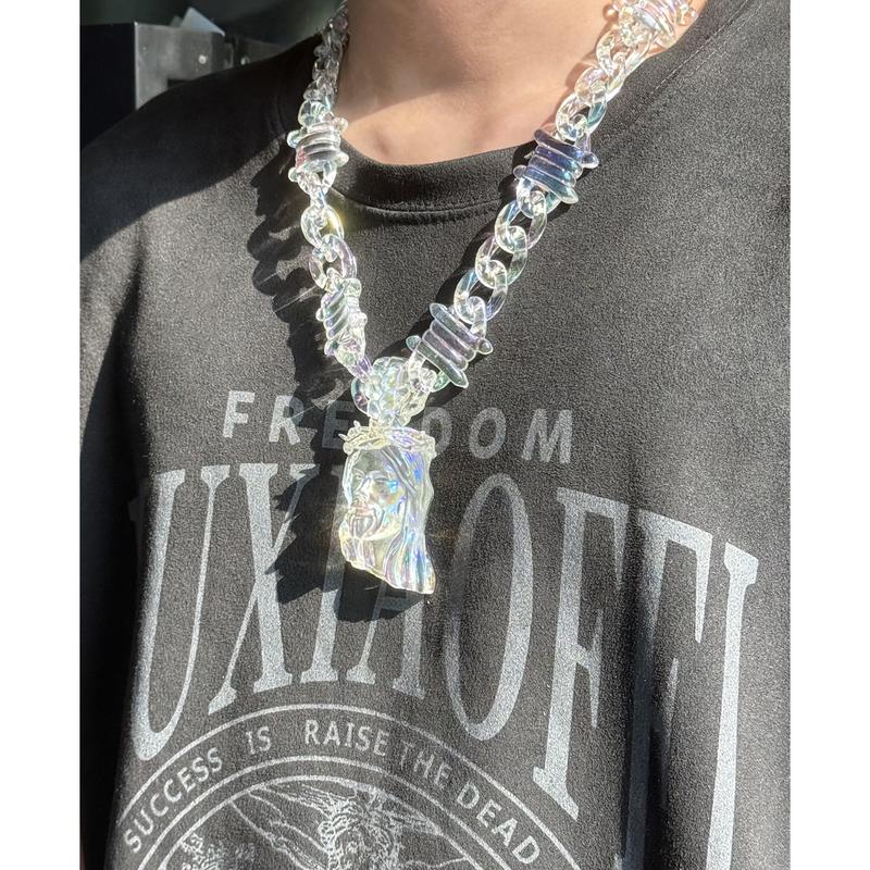 Jesus pendant necklace-​iridescent , transparency acrylic with a thick 3D Jesus carving, featuring premium gold plating for a metallic shine. Blends street style with religious symbolism. -TikTokShopBlackFriday, unisex design.-Christmas gifts