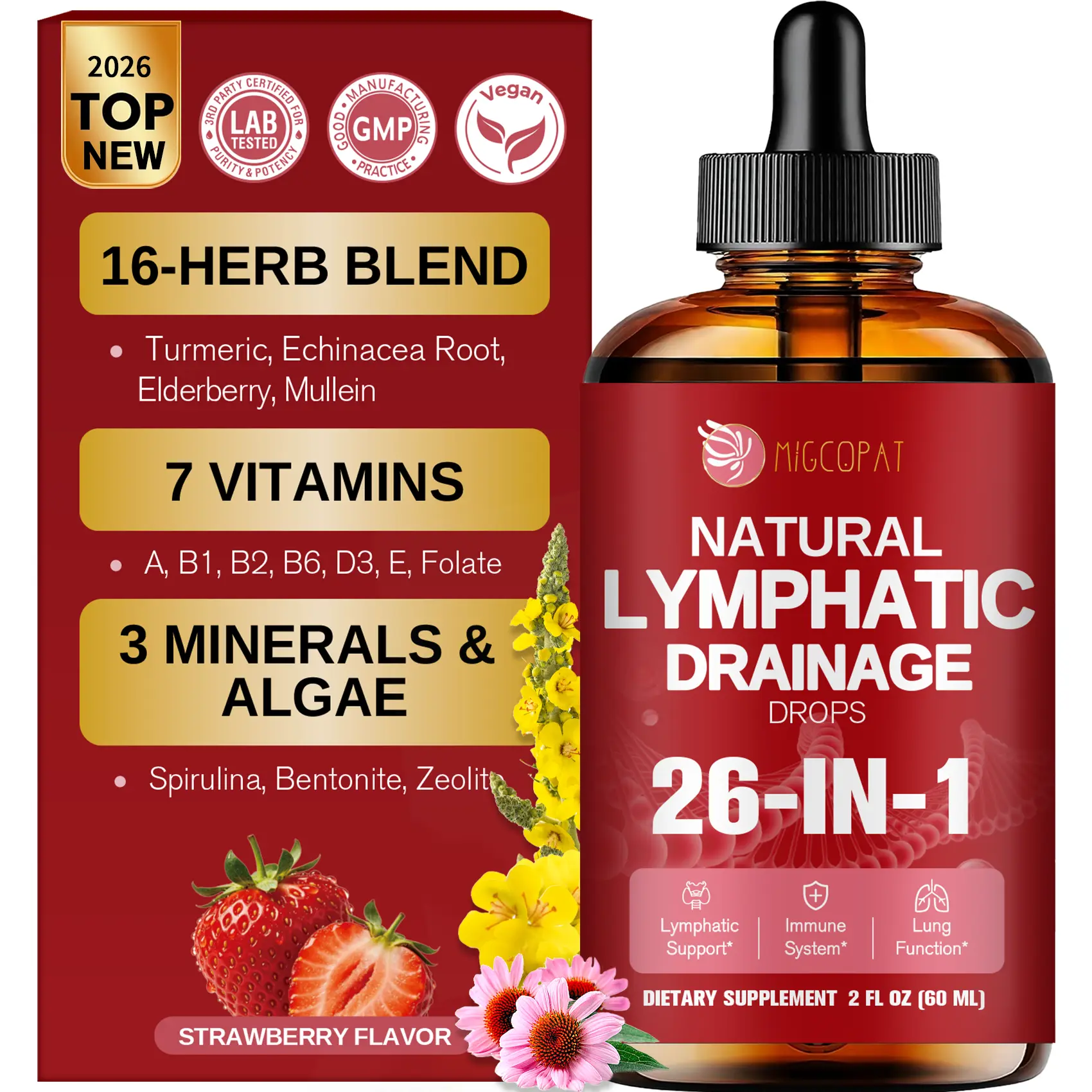 Migcopat 26-in-1 Liposomal Lymphatic Drainage Drops, Echinacea, Turmeric, Elderberry, Dandelion, Vitamins and Mullein Drops for Lungs, Lymphatic, Immune Support, Liver Cleanse Detox & Repair, 2 fl oz,#backtoschool