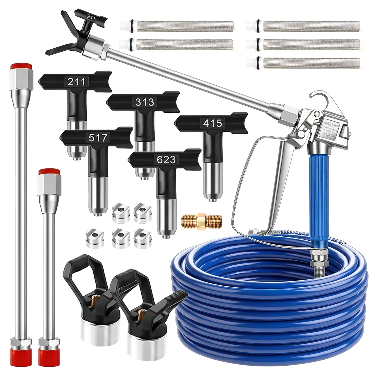 JVGBRB 17Pcs Metal Airless Paint Sprayer Gun Full Kit for DIY Hardware Accessories - 3600PSI Airless Gun, 32Ft High Pressure Hose, 5Pcs Reversible Tips, 2Pcs Extension Rod, 5Pcs Filters, 2Pcs Nozzle Seat, 1pcs 1/4-inch Double-ended Male Thread Nipple, Alu
