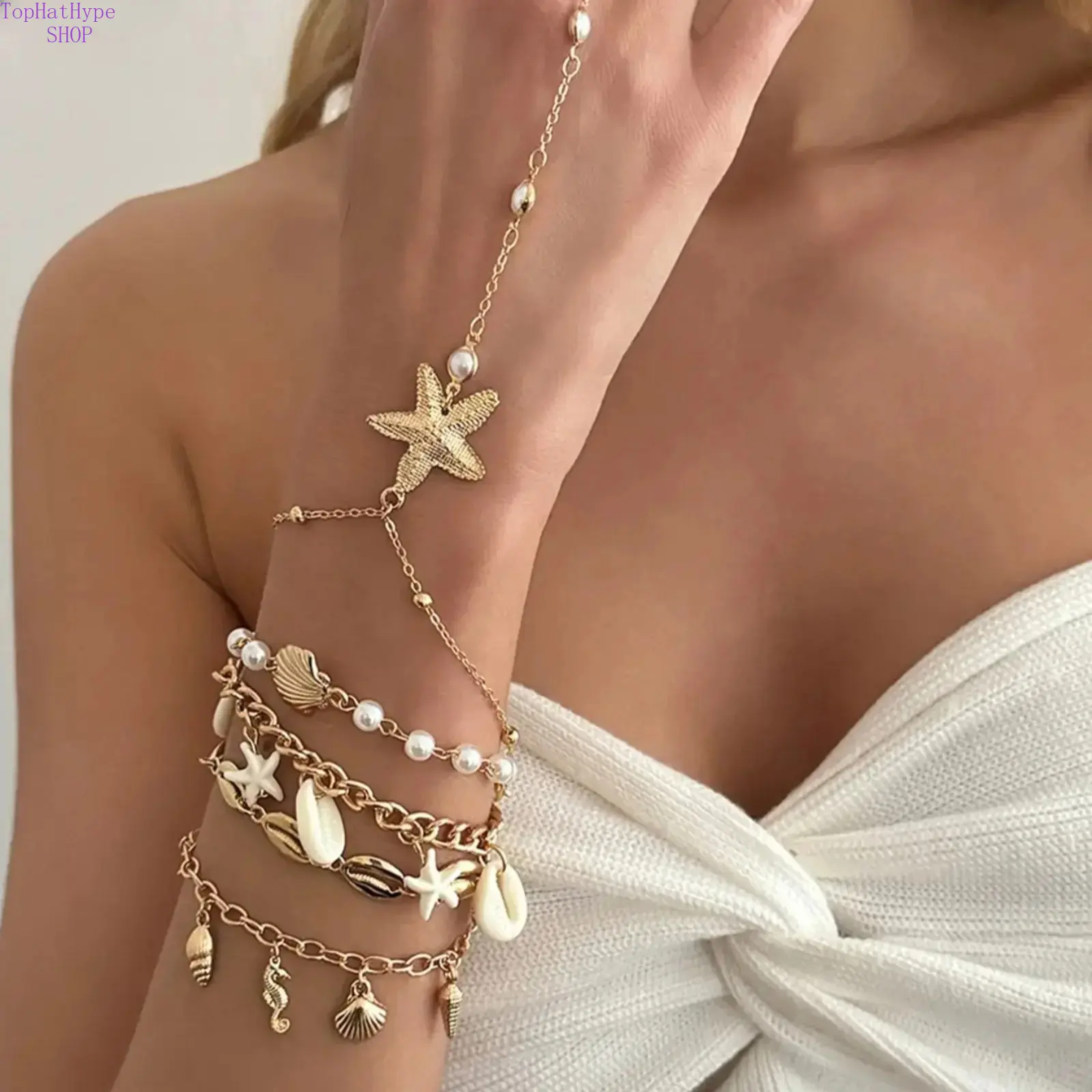Women’s 5‑Pcs Tropical Ocean Boho Jewelry Set, Starfish Shell Seahorse Pendant Ring & Bracelet, Imitation Pearl Chain Wristband, Vintage Beach Accessories for Vacation Travel, Daily Wear & Holiday Gift‑Giving