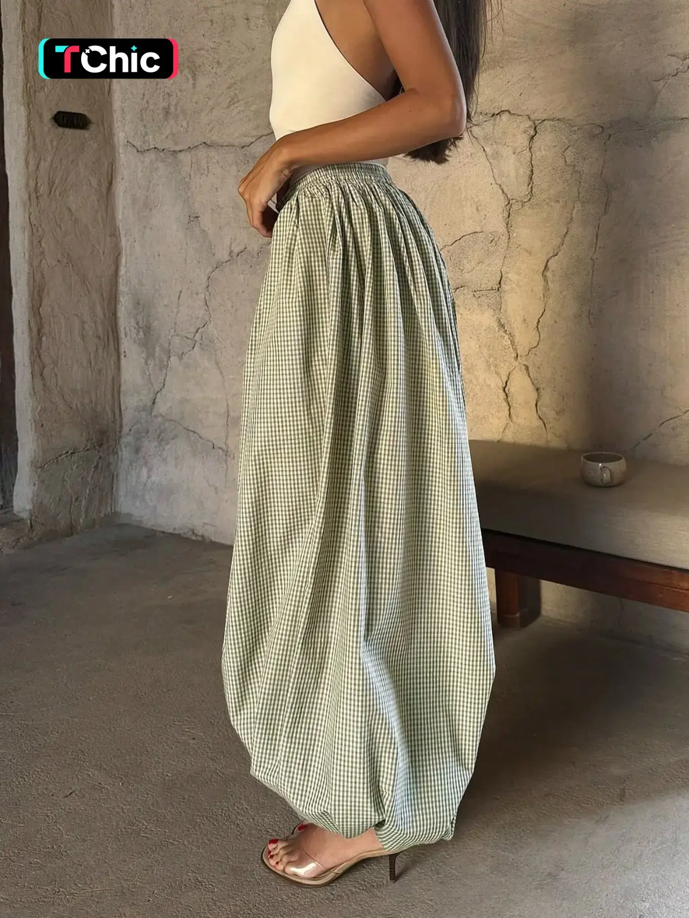 Women's Green Gingham High Waisted Wide Leg Balloon Pants, Drawstring Elastic Waist Pants, Casual Loose-Fit Bohemian Checkered Trousers for Summer, Everyday Wear, Bottom