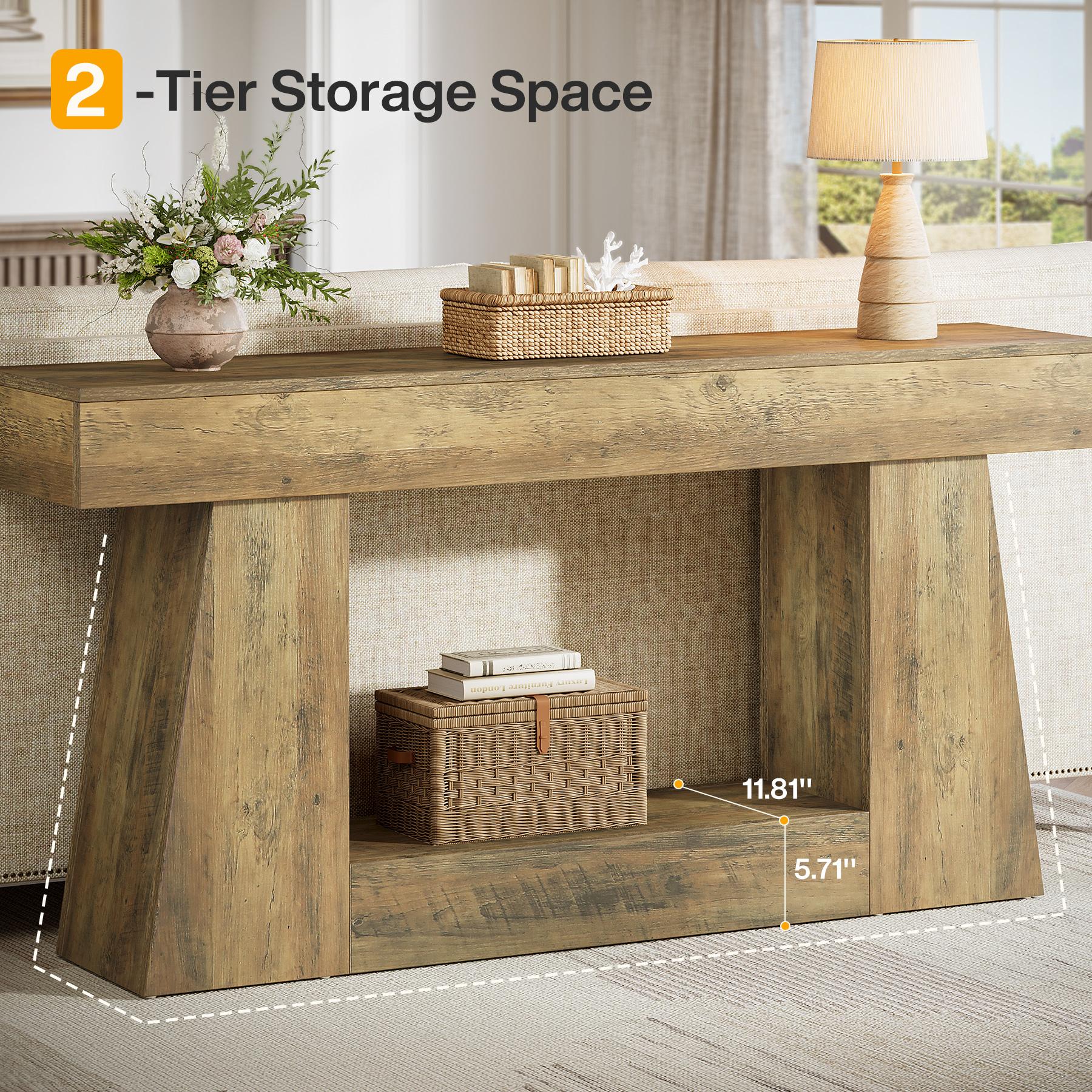 LITTLE TREE 63" Farmhouse Console Table with Storage, Rustic Sofa Table for Entryway, Narrow Long Sofa Table Behind Couch, Console Table for Living Room, Hallway—Versatile Storage Solution, Oak