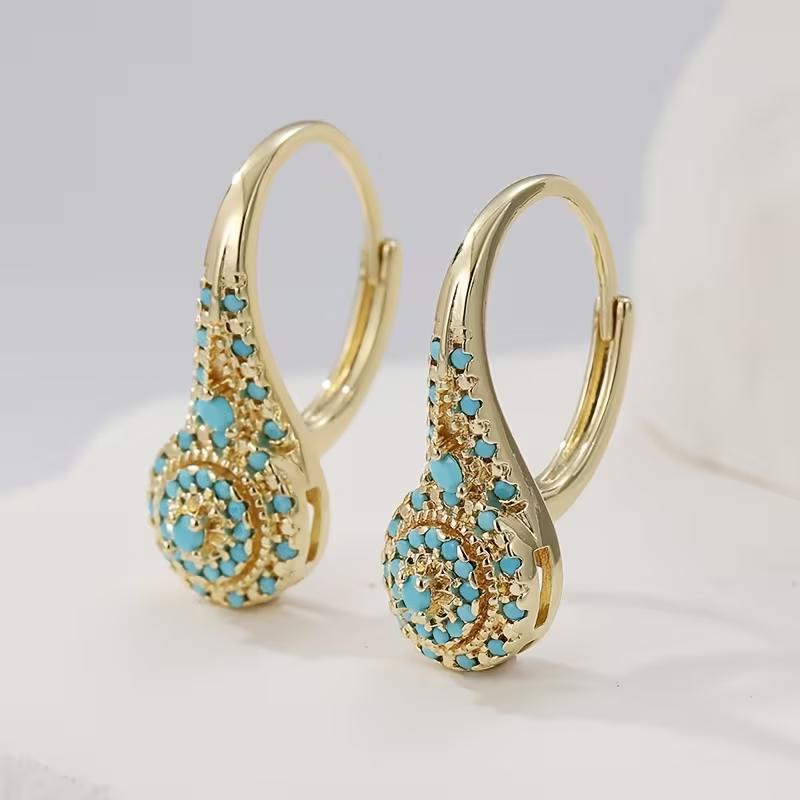 Women's Elegant Synthetic Turquoise Teardrop Dangle Earrings KC Golden Plated Statement Jewelry for Everyday & Formal Events Valentine's Gift Sophisticated Style Intricate Detailing SpringStatements