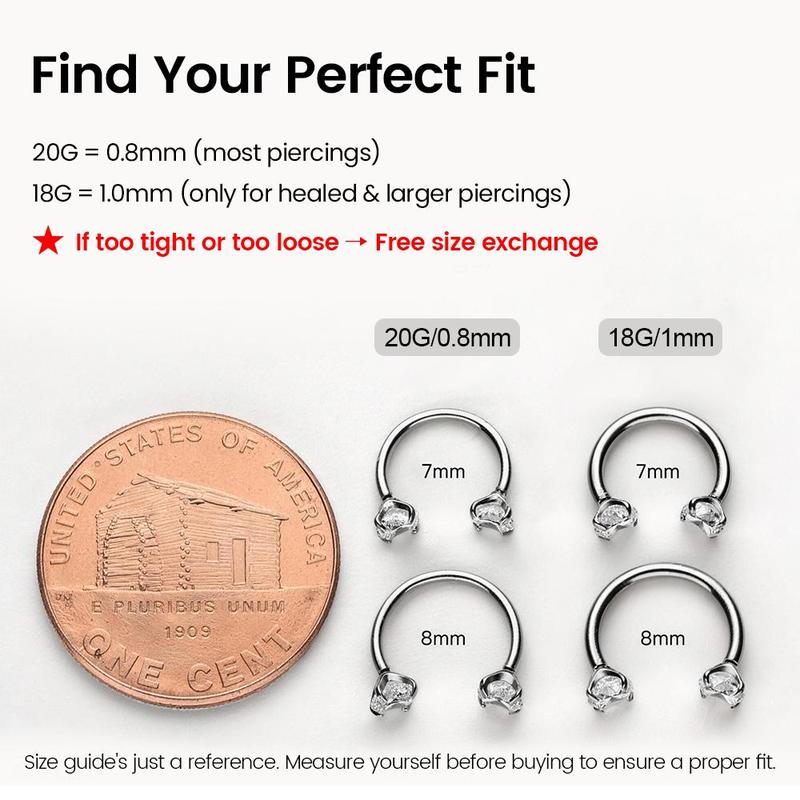 Titanium 20G/18G 7mm Horseshoe Nose Ring More Size (Free Gem Picker Tool) Internally Threaded Gems Lightweight