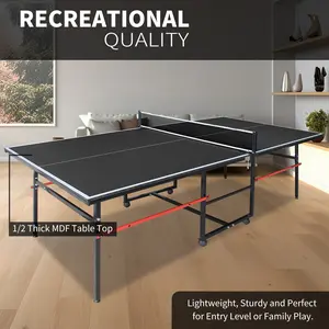 8ft Black Mid-Size Table Tennis Table Foldable & Portable Ping Pong Table Set for Indoor Games with Net, 2 Table Tennis Paddles and 3 Balls