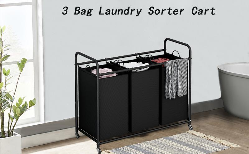 2-3 Bags Laundry Basket Sorter Laundry Hamper Cart with Heavy Duty Rolling Lockable Wheels and Removable Bags Organizer Storage House Organizer【A001】 Deals For You Days