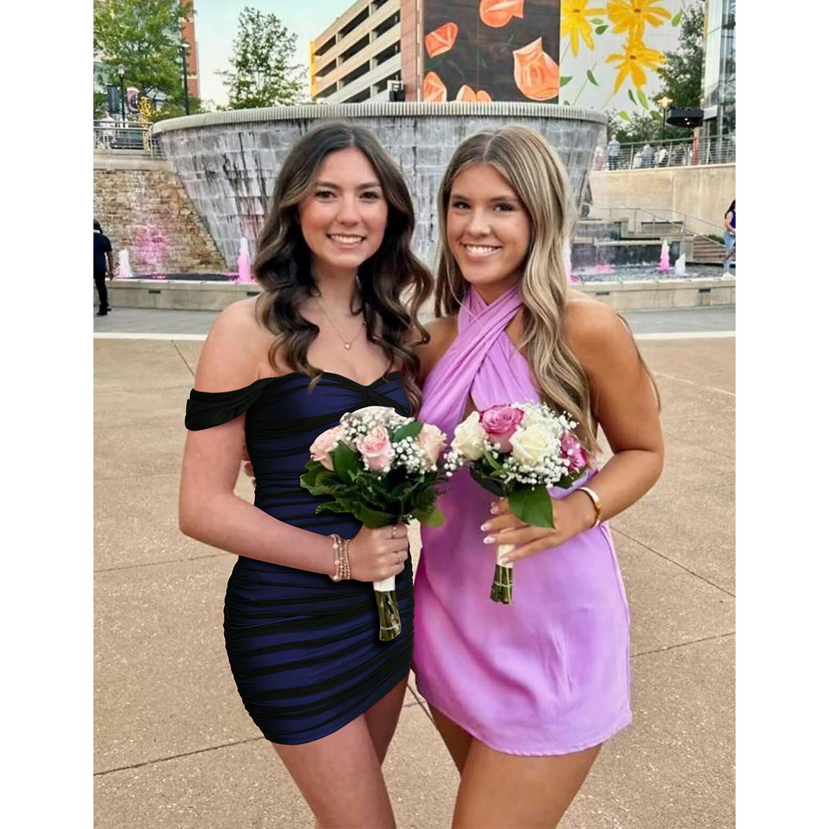 HYZ Women's Summer Sexy Bodycon Off Shoulder Sleeveless Mesh Ruched Mini Party Dress