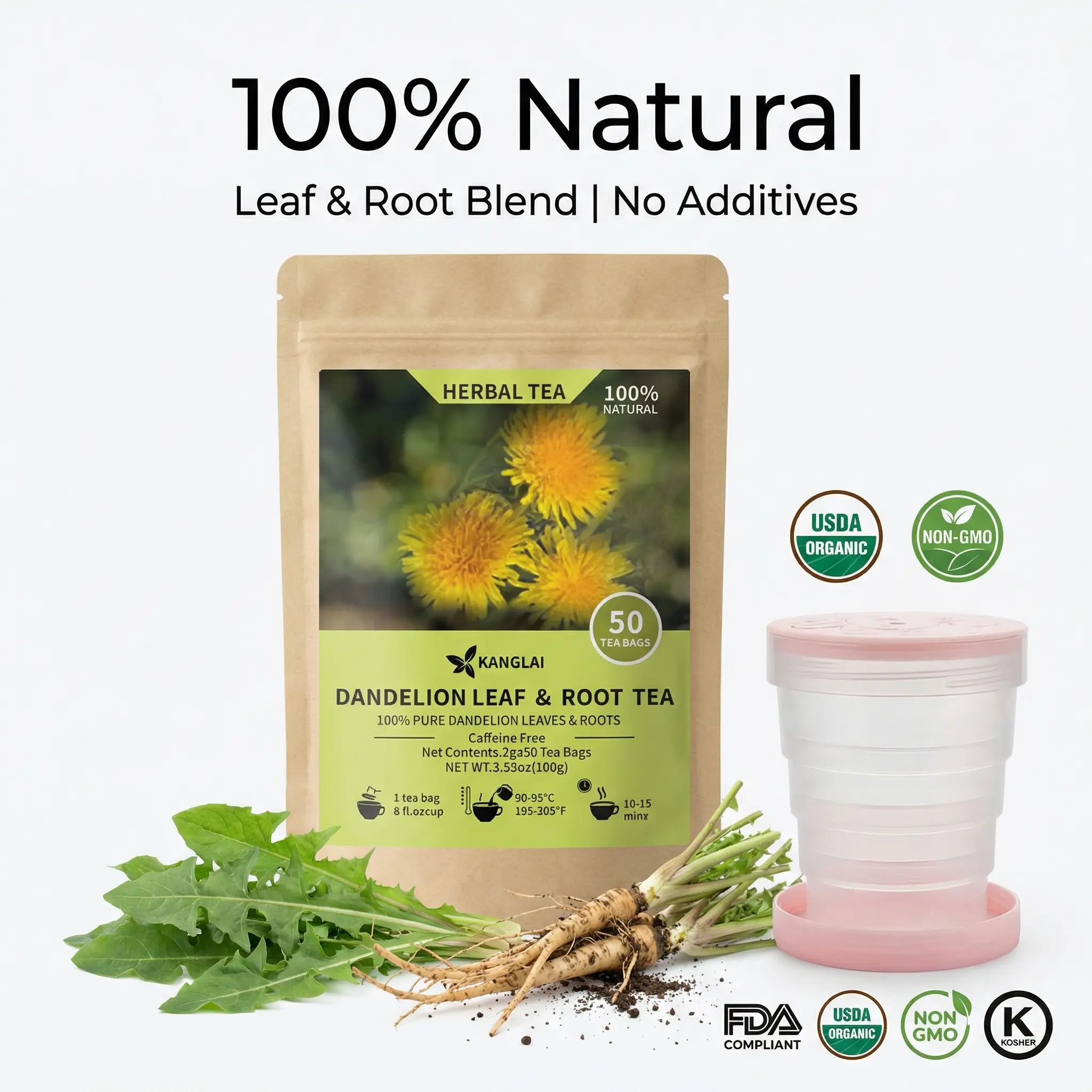 Dandelion Root Leaves Tea, 50 Tea Bags / 3.53Oz, Caffeine Free No Sugar Natural Dandelion Beverage Kidneys & Liver Health Tea, Seven Herbal Ingredients Natural Blend  Bags Organic Fathersdaygift Healthy