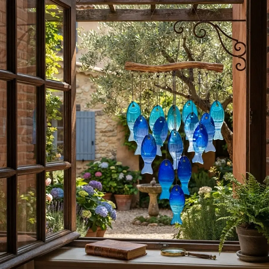 Handmade Blue Glass Fish Wind Chime, Coastal Garden Decor, Ocean-Inspired Yard Art, Sea Glass Style Hanging Ornament, Boho Patio & Porch Decoration, Unique Outdoor Gift for Garden Lovers, Artisan Home Decor, Relaxing Sound Wind Chimes, Beach House Decor