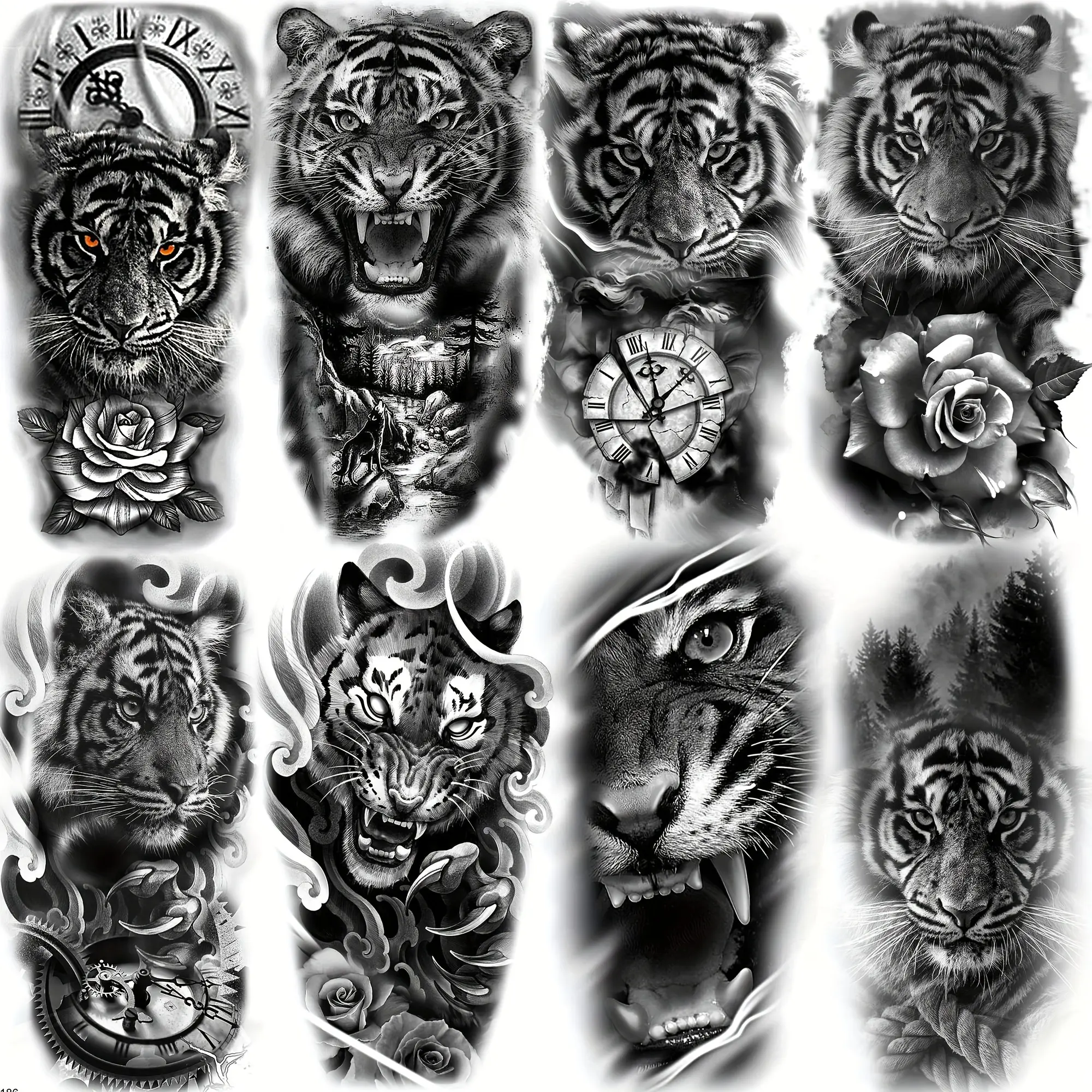 8Pcs Realistic Design Temporary Tiger Tattoo Stickers For Women And Adult Men, Half-Sleeve Tattoo, 3D Black Tiger, Compass And Flower Pattern Tattoo Stickers