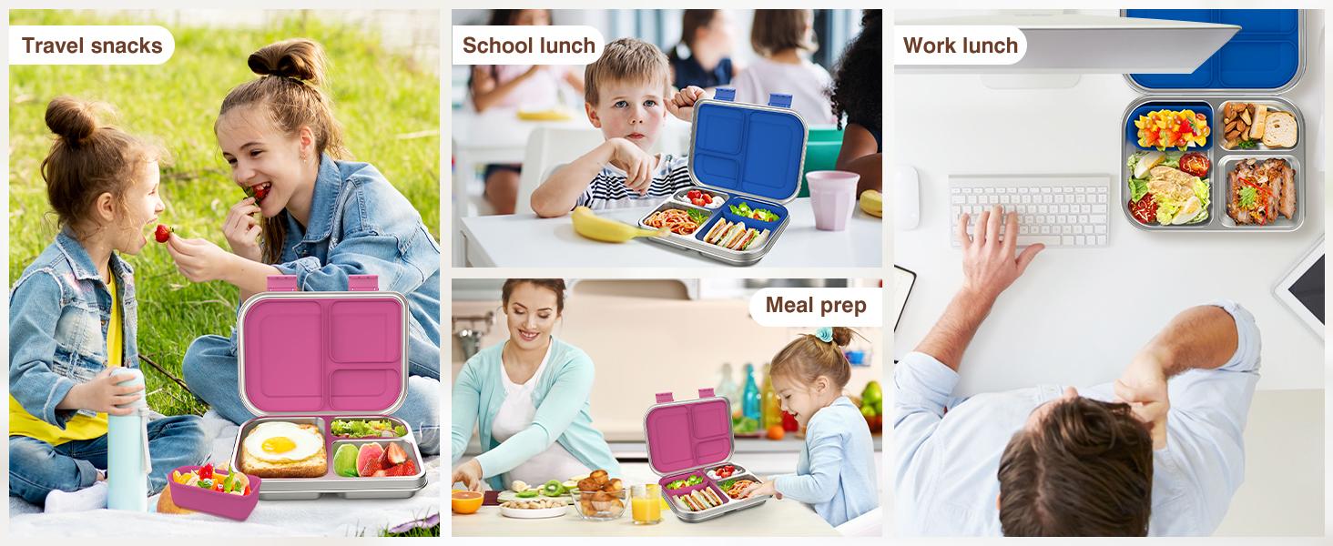 PAWTONG Stainless Steel Kids Leak-Resistant Bento Lunch Box, 3-Compartments with Silicone Container, Dishwasher-Safe, Child-Friendly Design for School, Picnics & Travel,BPA-Free