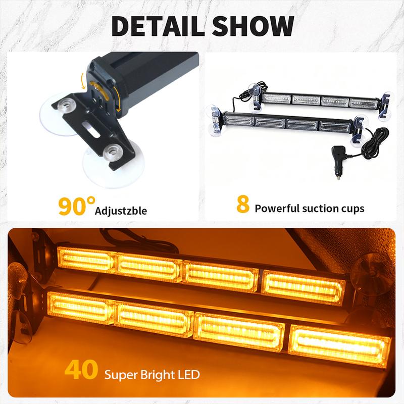 2 in 1 Emergency Strobe Traffic Advisor Light Bar Amber White Warning Hazard Safety Interior Windshield Dash Lights Emergency Lights for Trucks Construction 2x17.9, Amber/White LED Light Bar