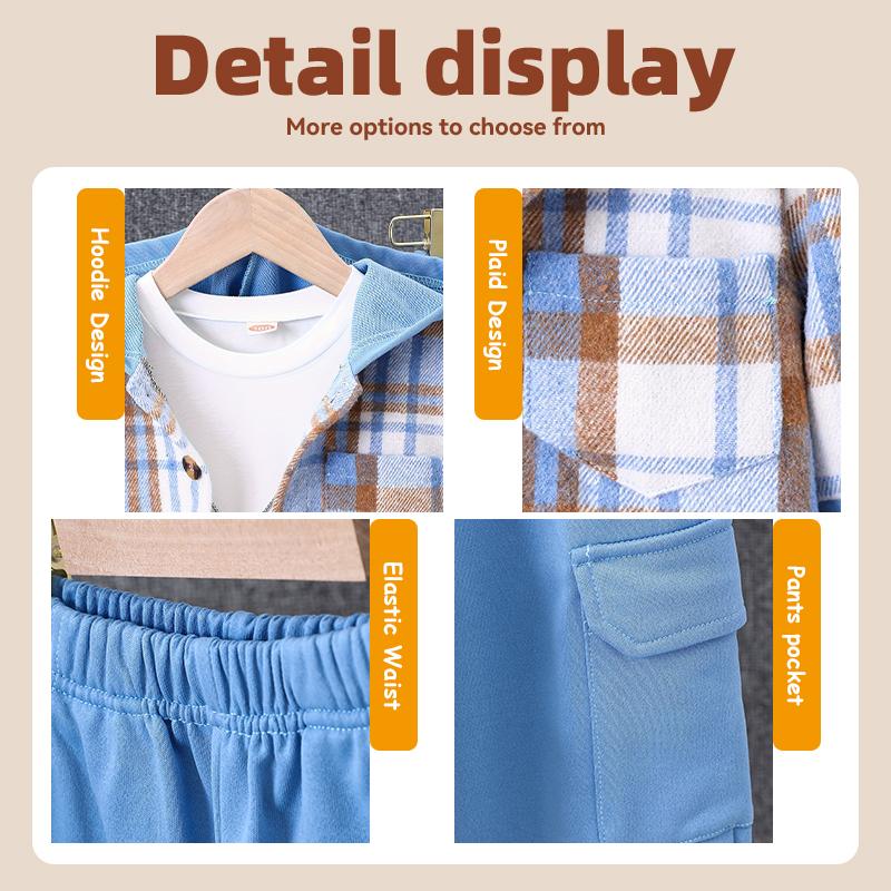2-Piece Boys' Flannel Plaid Shirt & Pants Set with Hoodie Sweatshirt Suitable for Fall, Winter, and Spring Ages 4-12