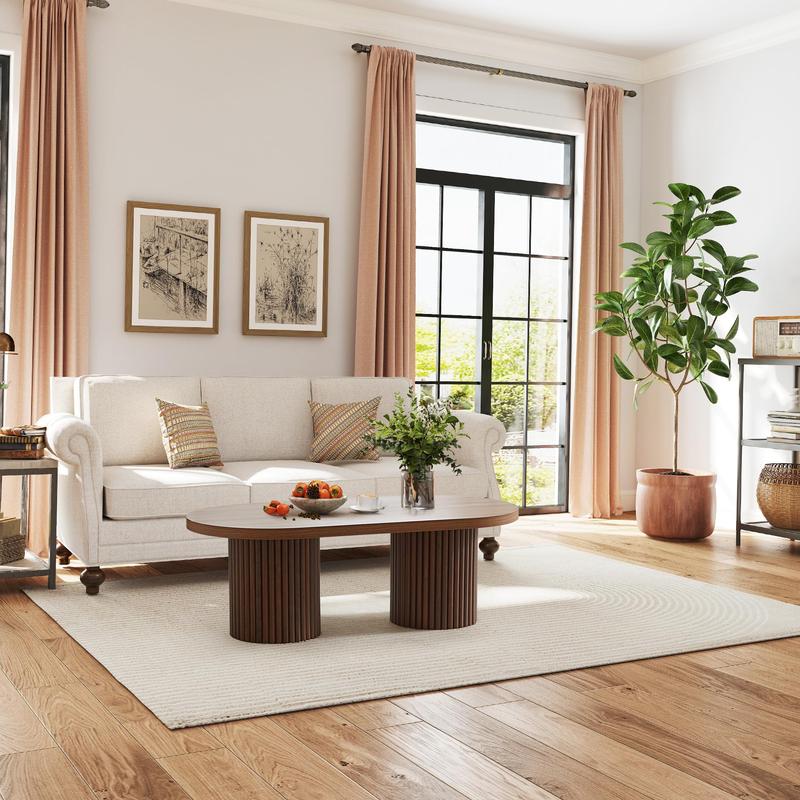 Giratree 39.38" Fluted Oval Coffee Table for Living Room, Boho Modern Coffee Table with Fluted Legs, Curved Round Wood Center Table for Home, Small Spaces, Office