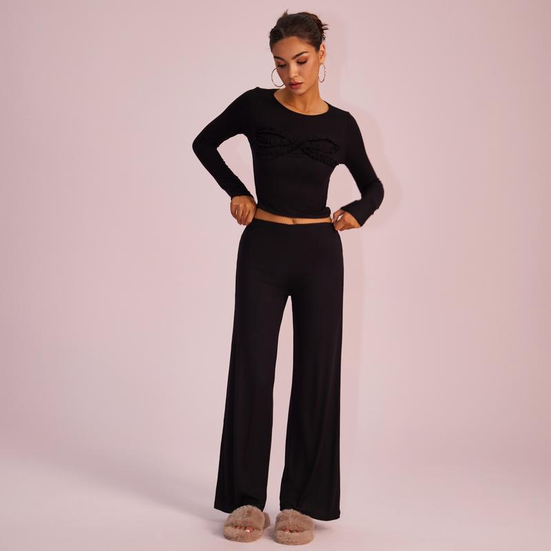 Joyfunear Solid Color Knitted Long-Sleeved Round Neck Top & Casual Straight-Leg Pants Set with Bow Decoration for Daily Wear
