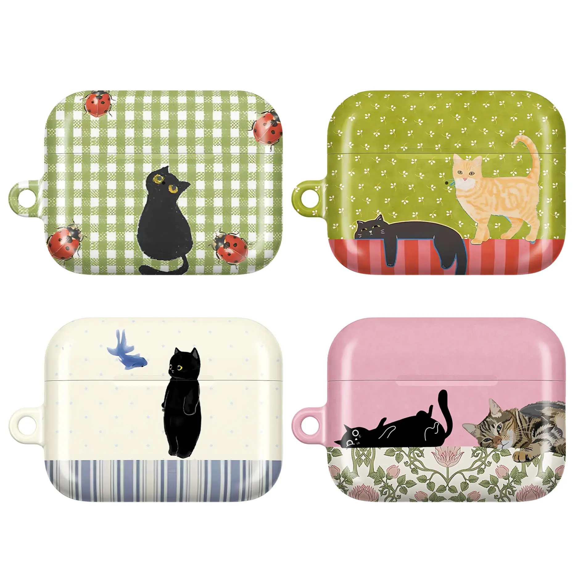 Whimsical Cat Phone Case – Cottagecore Kitty & Nature Pattern Cover with Ladybugs, Flowers & Garden Aesthetic for for AirPods 1 2 3 4 & AirPods Pro 1/ AirPods Pro 2/ AirPods Pro 3 | Cute Vintage Cat Lover Gift