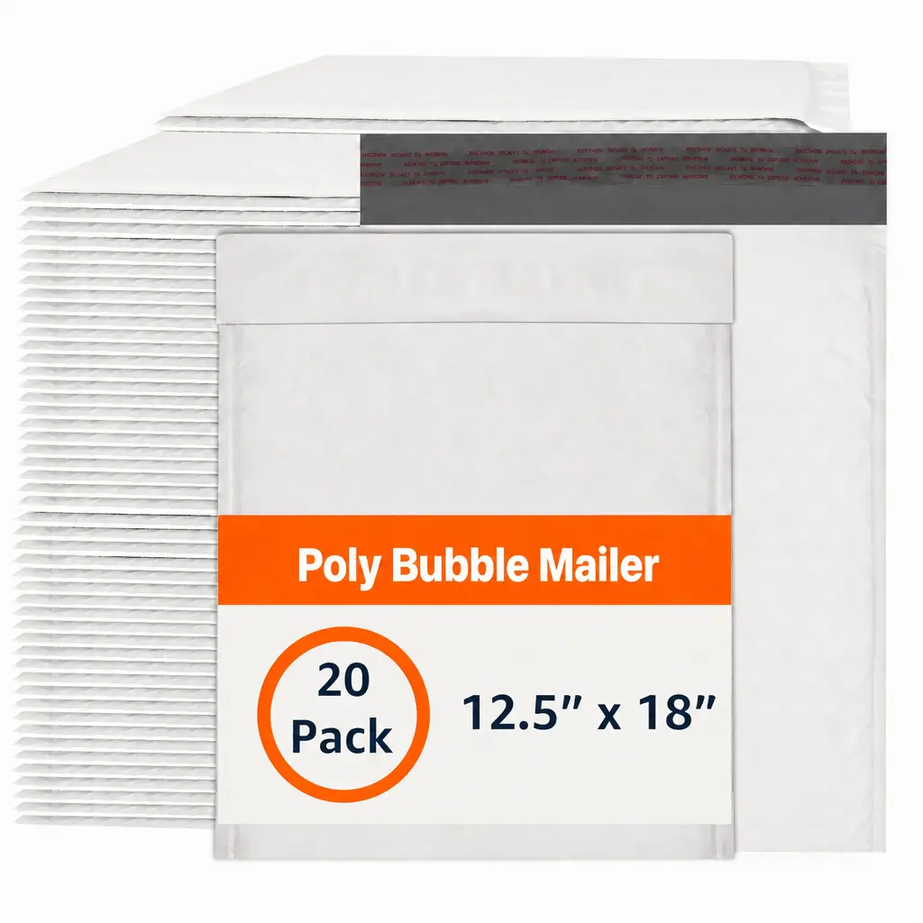Poly Bubble Mailers (12.5x18 in) 20-Pack Bulk Shipping Bags, White Self-Seal Waterproof Padded Envelopes with Bubble Wrap Protection, Strong Self-Adhesive Poly Mailers for Small Business Packaging & Mailing