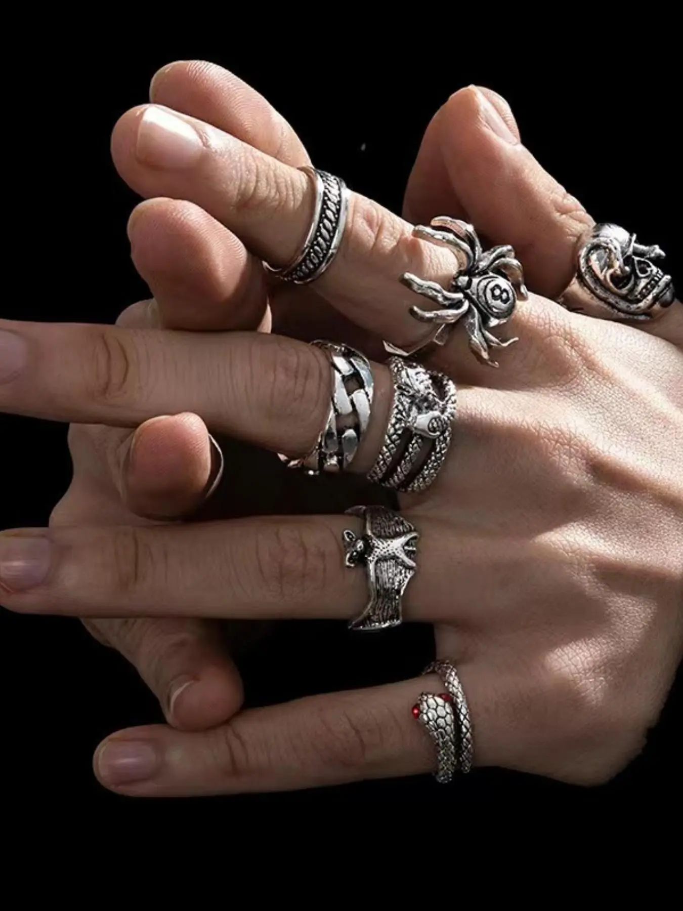 7pcs/set Punk Creative Retro Snake Skull Spider Chain Design Ring, Fashion Hip Hop Exaggerated Textured Metal Stackable Rings for Men and Women, Personalized Trendy Versatile Matching Rings