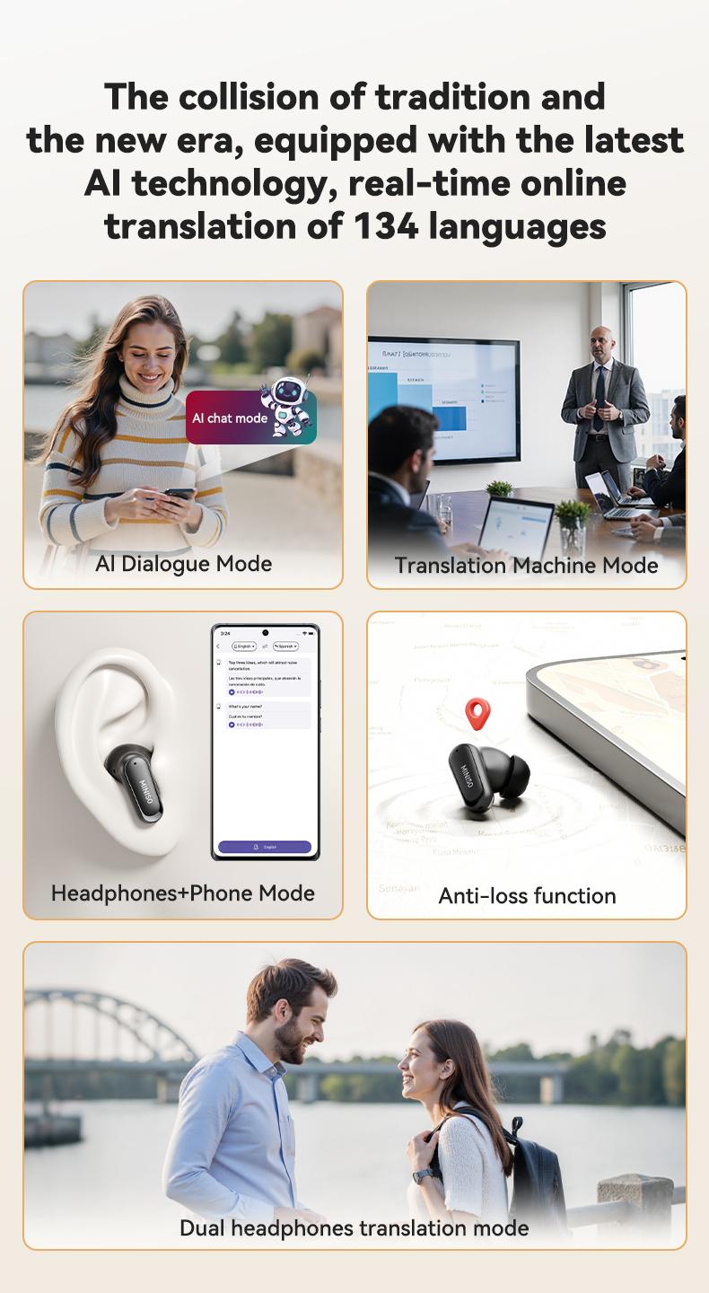 MINISO MS112 Wireless Earphones: Active noise cancellation, real-time translation, heart rate sensing, hearing aid function, Bluetooth connectivity, spatial audio, high-fidelity sound quality, USB-C charging.