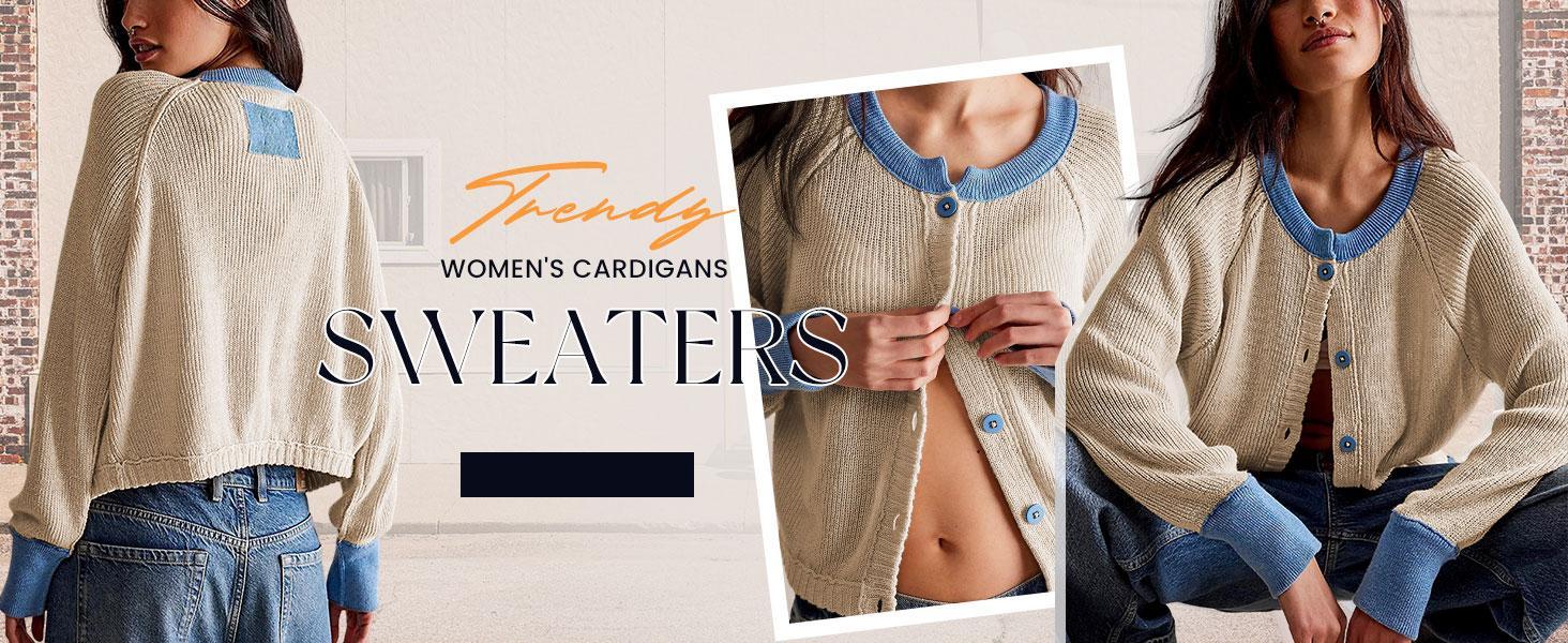 JovenPara Womens Color Block Cardigan Sweaters Cropped Long Sleeve Button Down Knited Wear