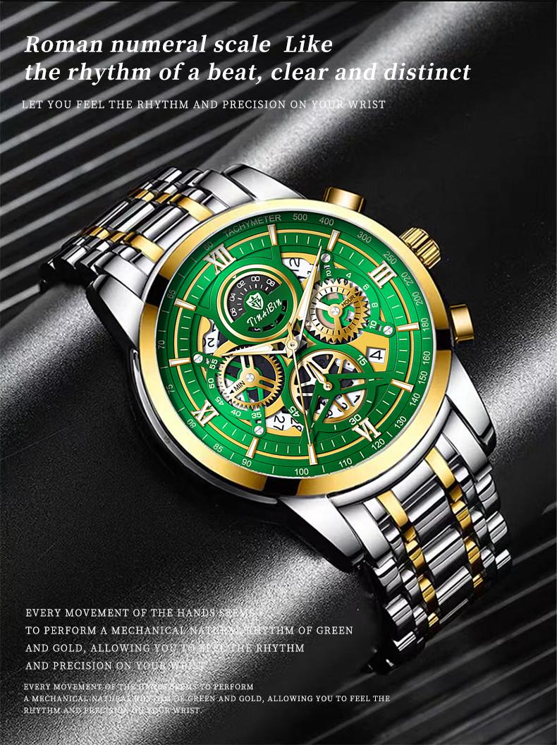 The  men's business fashion watch features an analog quartz movement with a Swiss original core, offering chronograph functionality, luminous display capabilities, and water resistance. Suitable for parties and everyday wear, it also makes an idea