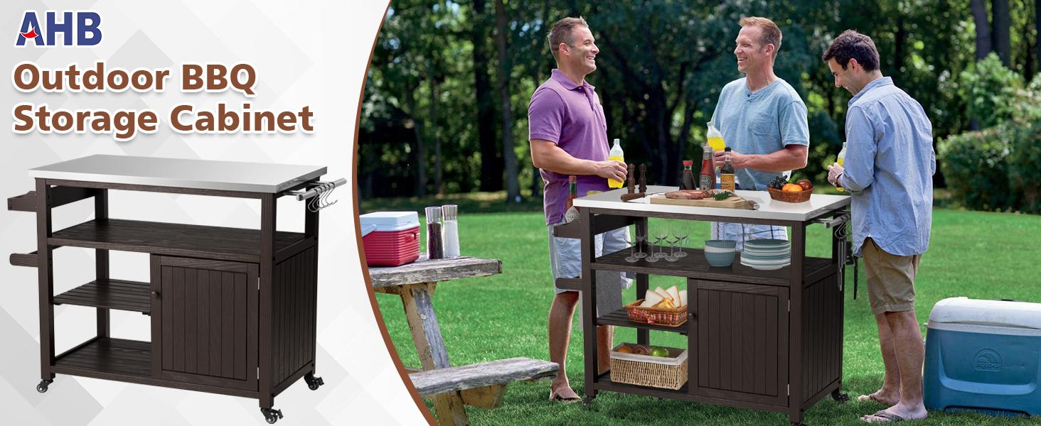 AHB Movable Outdoor Grill Table - Solid Wood Storage Cabinet with Stainless Steel Top, Rolling Kitchen Island & Patio Bar Cart for Backyard, Garden, 2 Doors Design for Easy Storage AHB Movable Outdoor Grill Table - Solid Wood Storage Cabinet with Stainless Steel Top, Rolling Kitchen Island & Patio Bar Cart for Backyard, Garden, 2 Doors Design for Easy Storage