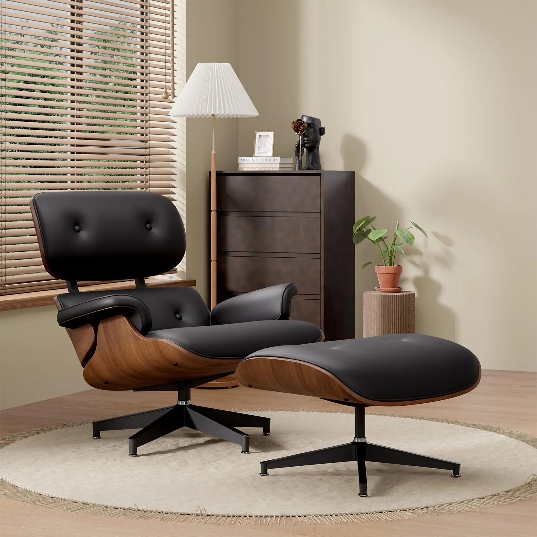 Swivel Chair with Ottoman, Top PU Modern Lounge Chair, Wide Armrest, Comfy Accent Sofa Chair for Bedroom, Living Room, Read, Nap, Work, Easy Assembly,Black