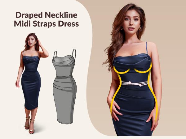 Curvysweet CDK0522A Elegant Draped Neckline Midi Bodycon Spaghetti Strap Dress with Built-In Bra & Ruched Waist — Perfect for New Year, Valentine’s Day, Date Night, Cocktail Parties, Wedding Guests & Birthdays