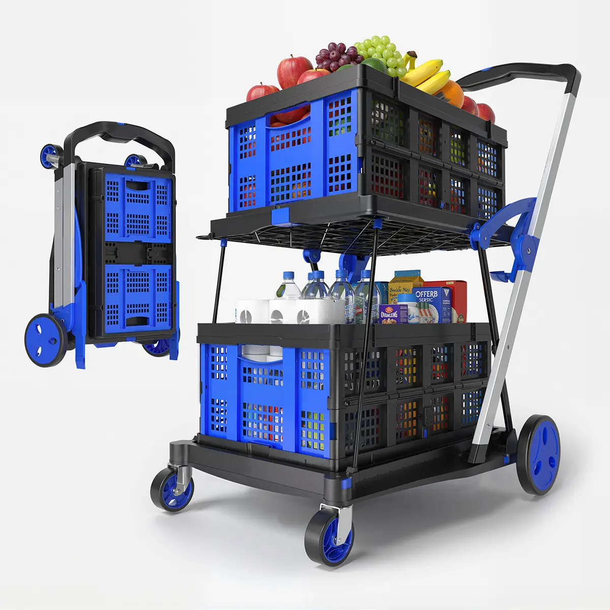 Foldable 2-Tier Shopping Cart Trolley, 200 Lbs Capacity Utility Cart with 2 Removable Baskets & Foot Brakes for Groceries, Apartment