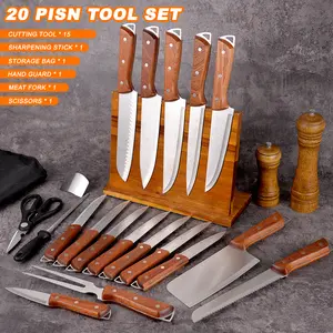 20-piece outdoor kitchen knife set | ultra-sharp and high-hardness rust-proof knife set | solid wood non-slip handle | including bone chopping knife + frozen meat knife + steak knife + Japanese knife + knife sharpening stick | Home kitchen/